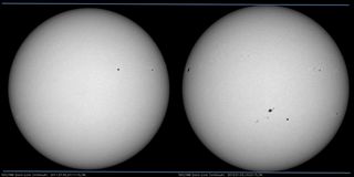 This image shows a comparison of HMI Quick-Look continuum images from January 2012 (right) and July 2011 as seen by NASA's Solar Dynamics Observatory. The two horizontal lines show how high the sun appears today. When those lines are extended to the left, the July image is a little over 3 percent smaller.