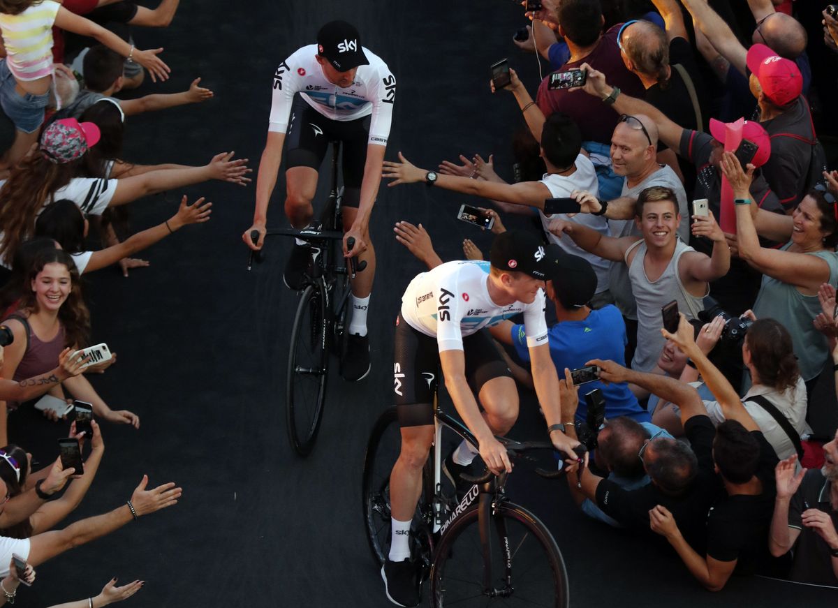 Team Sky ride in to the 2018 Giro d'Italia team presentation