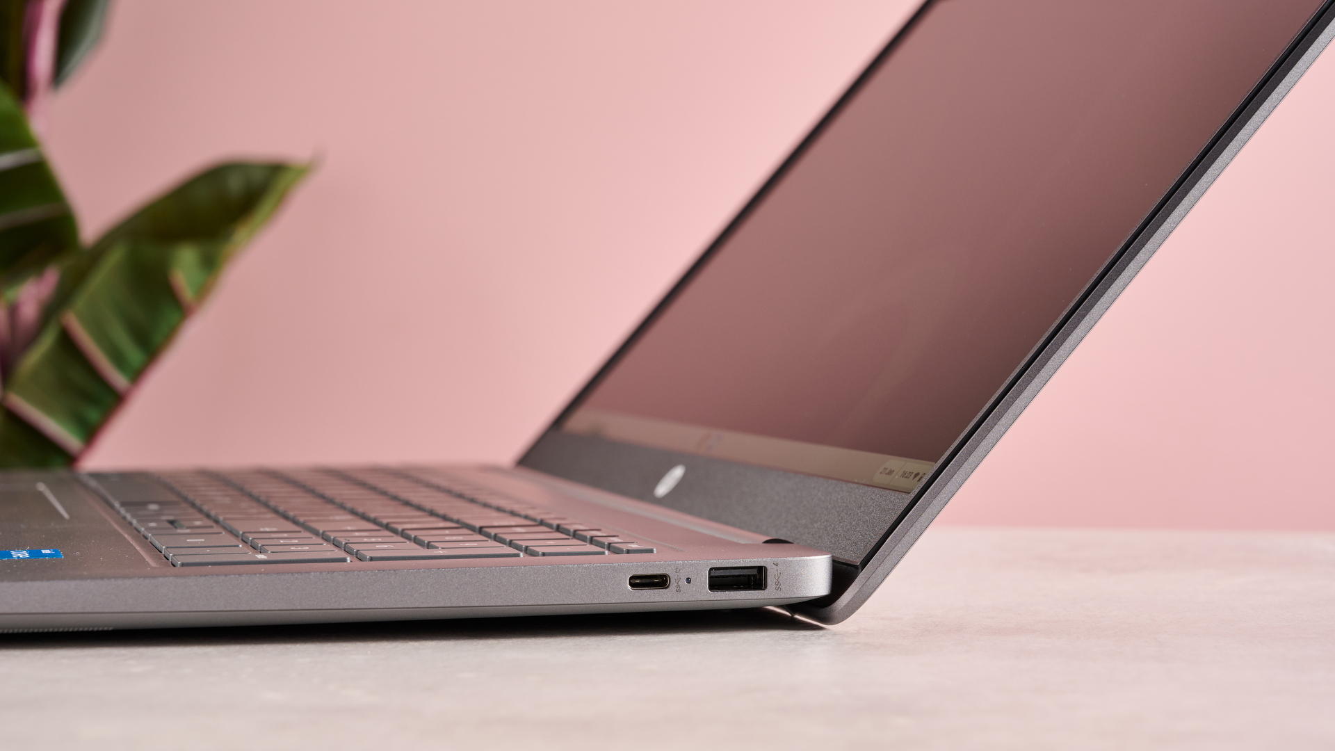 Side view of HP Chromebook Plus 15.6-inch opened wide on table with pink wall and plant in background