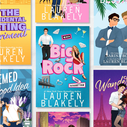 a collage of books by romance novelist lauren blakely including big rock wanderlust and more