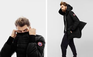 Two images, Left- model wearing quilted sweater, Right- model wearing down-filled jacket