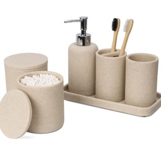 Zccz - Beige Bathroom Accessories Set 6 Pcs - Toothbrush Holder, Lotion Soap Dispenser, 2 Qtip Holder Dispensers, Vanity Tray, Bathroom Tumbler - Countertop Vanity Organizer - Bathroom Accessory Set