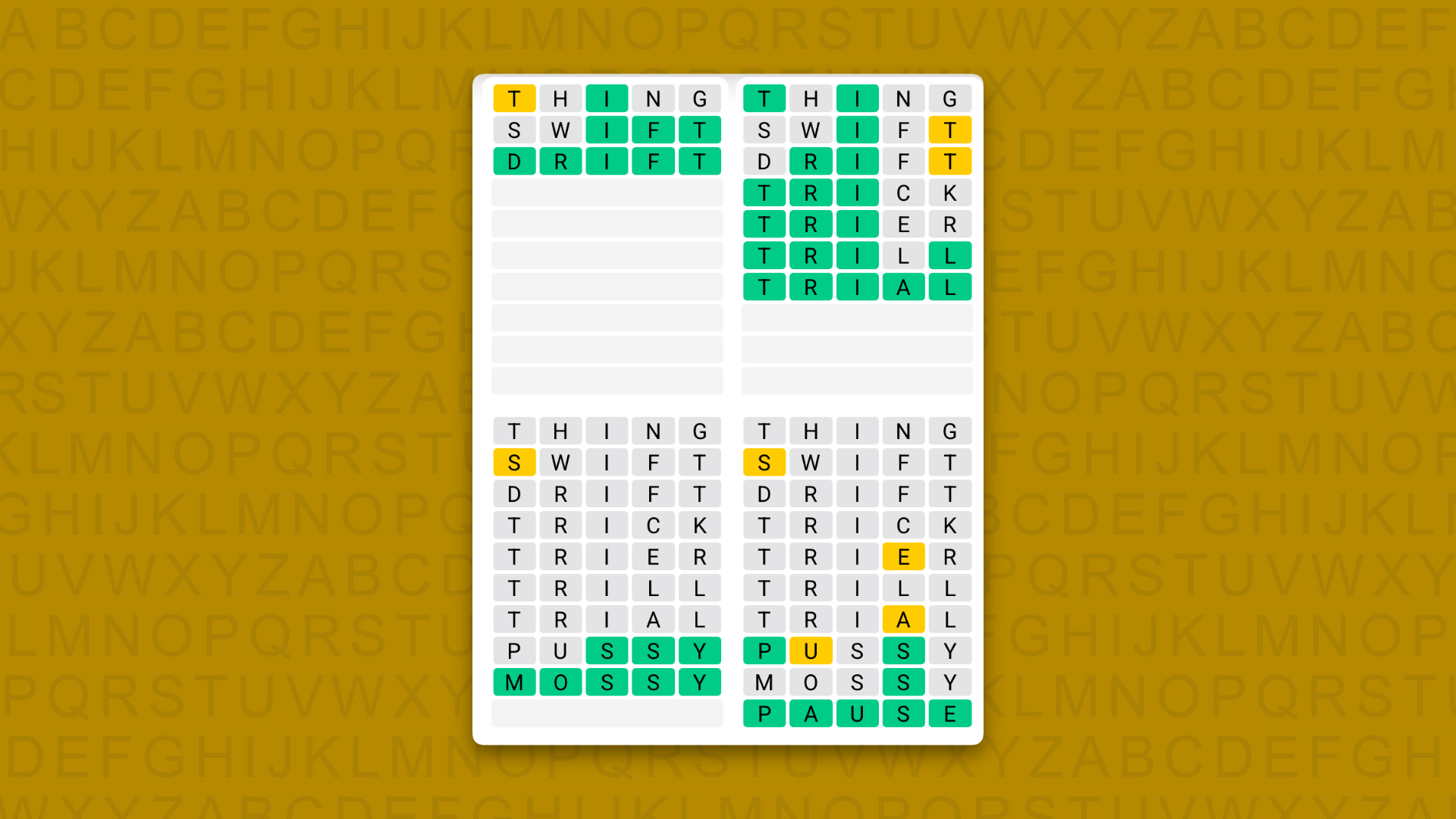 Quordle Daily Sequence answers for game 1703 on a yellow background