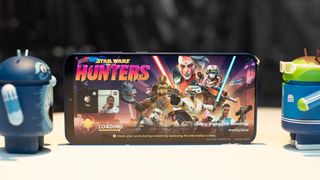 Samsung Galaxy S25 Plus in Navy Blue with Star Wars Hunters title screen showing