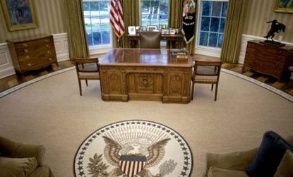 President Barack Obama's desk sits in the newly redecorated Oval Office of the White House. 