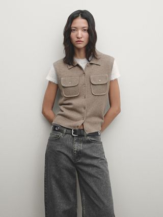 Cropped Knit Vest With Pockets