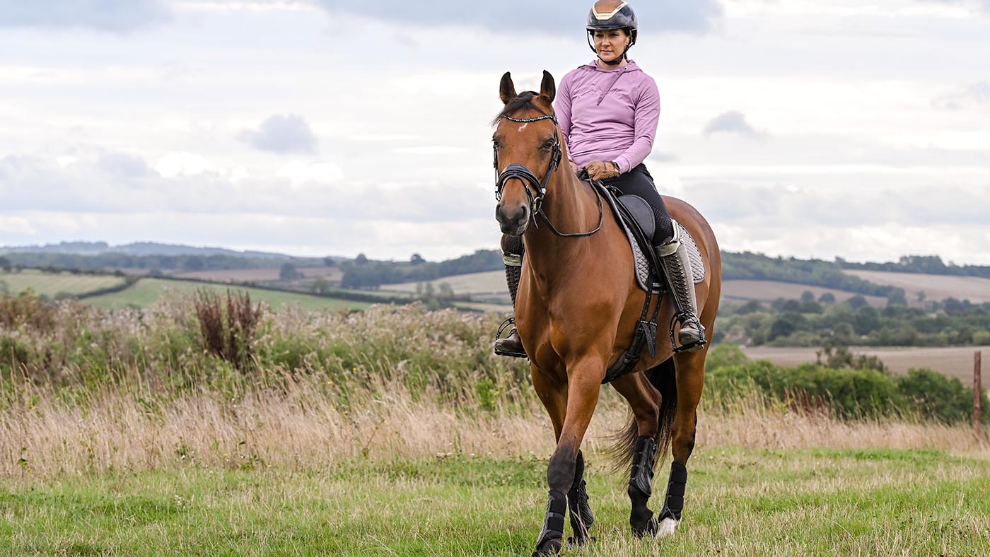 Abi Lyle riding Giraldo at Abi Lyle's yard, Chimneys, in Stretton-on-Fosse near Moreton-in-Marsh in Gloucestershire in the UK on the 10th September 2024