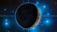 A graphic of a waxing crescent moon is shown surrounded by a white circle with four lines emanating outward at right angles. Blue-white stars are visible in the background.