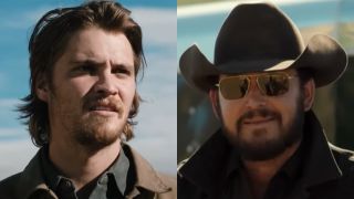 From left to right: side by side of Luke Grimes as Kayce standing in the sun and Cole Hauser as Rip wearing a cowboy hat and sunglasses on Yellowstone.