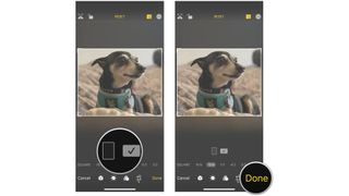 Screenshots of the iPhone showing image editing and whether you want a vertical or horizontal image crop.