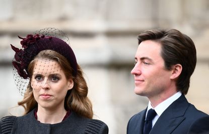 Princess Beatrice of York and her husband Edoardo Mapelli Mozzi leave after attending a Service of Thanksgiving for Prince Philip