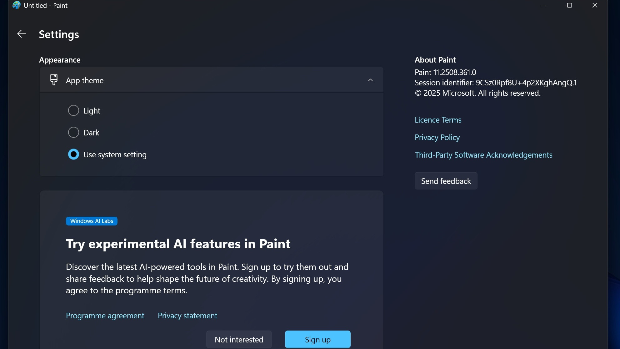 Windows AI Labs invitation in Paint app