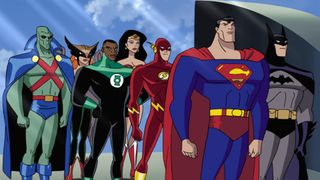 The animated entourage of "Justice League" including Superman, Bat Man, Flash, Wonder Woman and others
