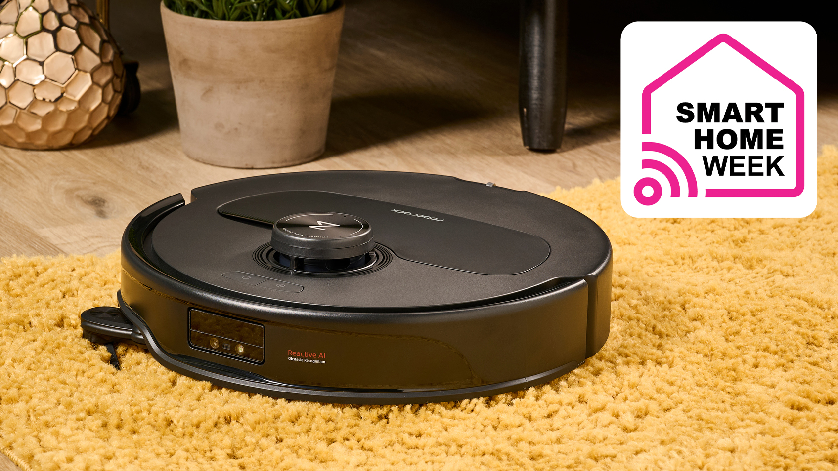 Roborock robot vacuum on carpet next to Smart Home Week graphic