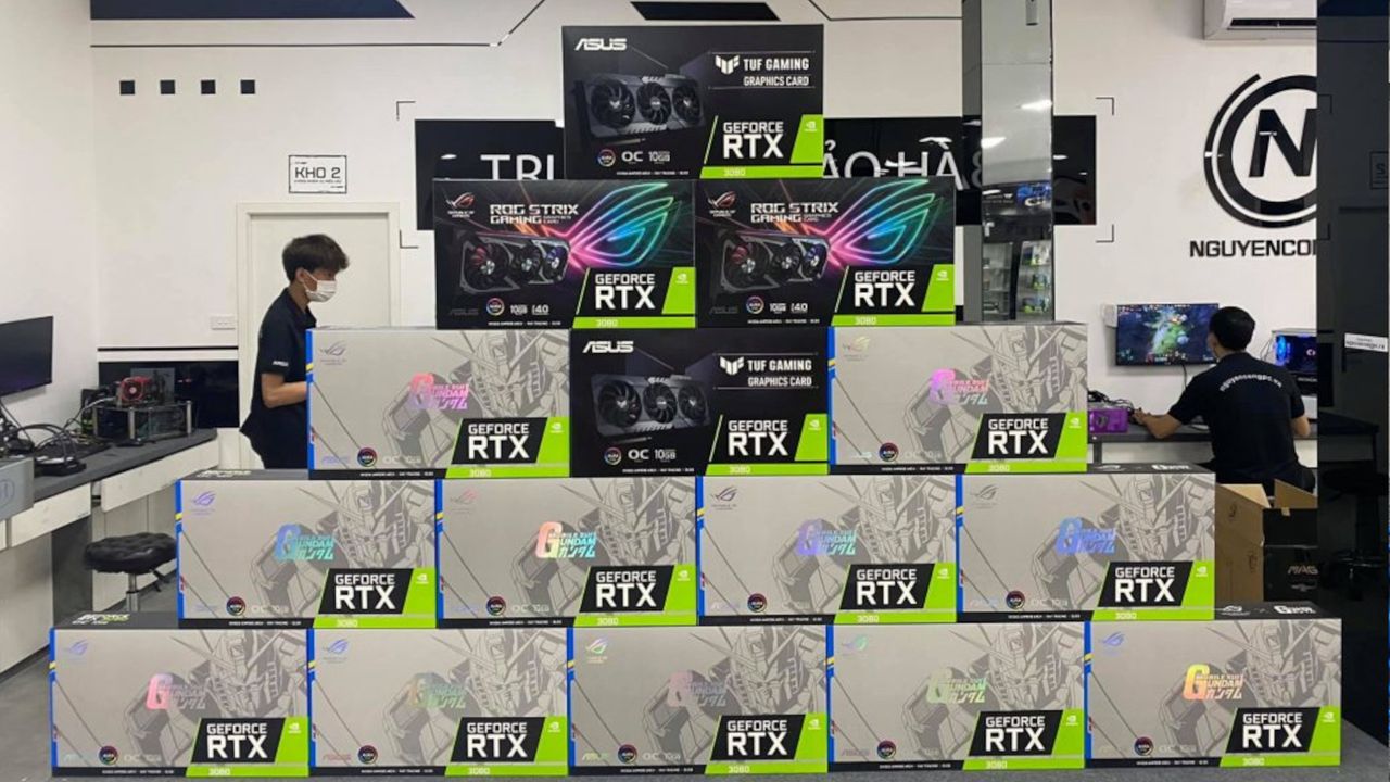 Rare Gundam themed RTX 3080 GPUs being built into a mining rig