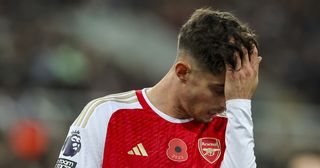 Arsenal star Kai Havertz brushes his face during the Premier League match between Newcastle United and Arsenal FC at St. James Park on November 4, 2023 in Newcastle upon Tyne, England.