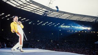 Freddie Mercury at the Queen concert at Wembley stadium during the Magic tour on July 11, 1986 in London