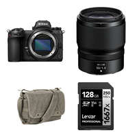 Nikon  Z7 II with 50mm f/1.4, shoulder bag and 128GB SD card