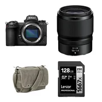 Nikon  Z7 II with 50mm f/1.4, shoulder bag and 128GB SD card
