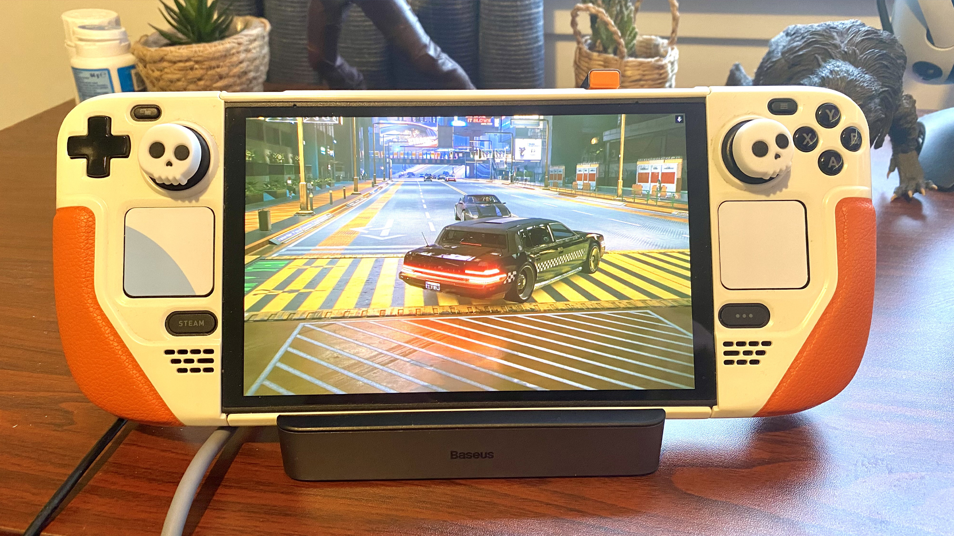 A car driving through Night City on a Steam Deck OLED played via Nvidia GeForce Now Ultimate.