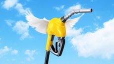 Illustration of a petrol pump flying high in the sky with bird's wings