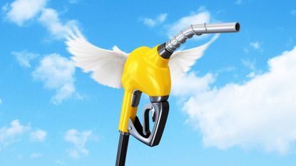 Illustration of a petrol pump flying high in the sky with bird's wings