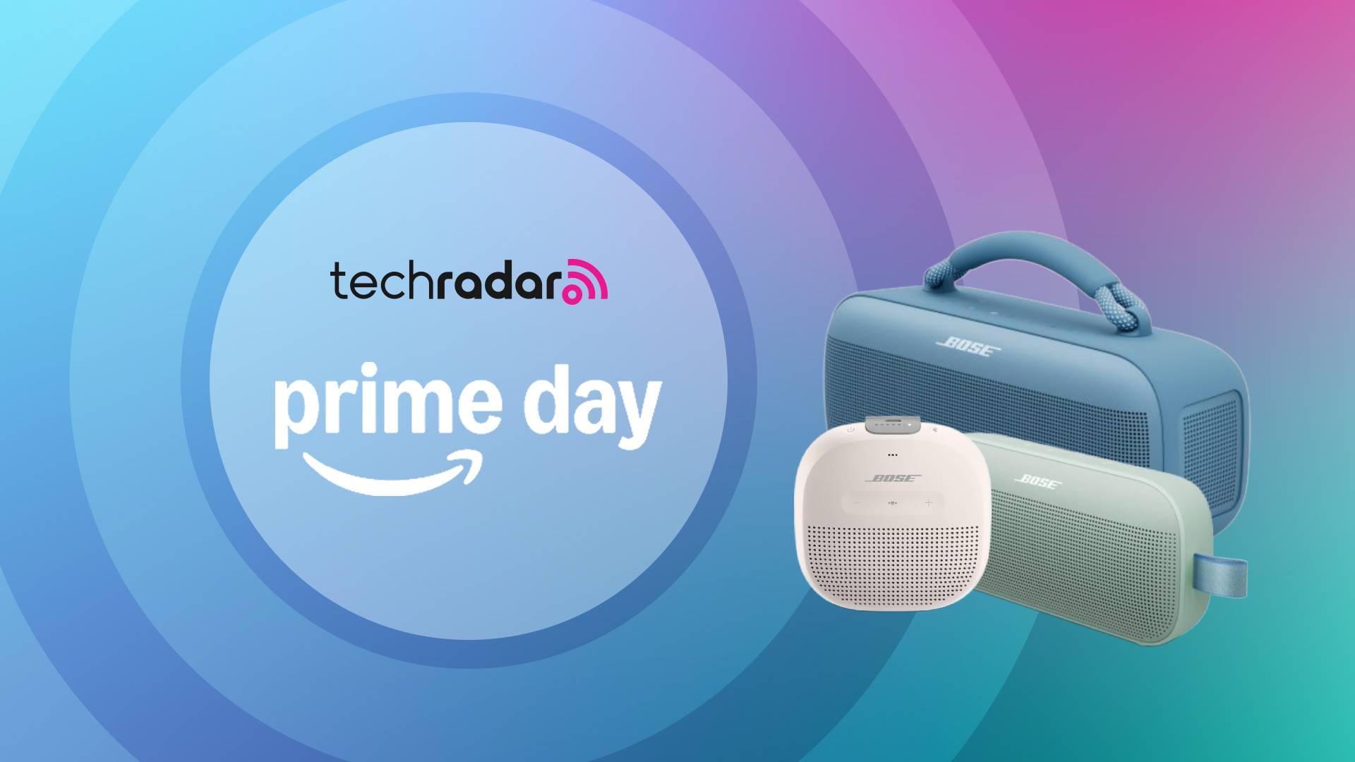 Bose SoundLink Max, SoundLink Flex Gen 2, and SoundLink Micro on a multicolored background with the words &#039;TechRadar: Prime Day&#039; positioned on the left side of the image