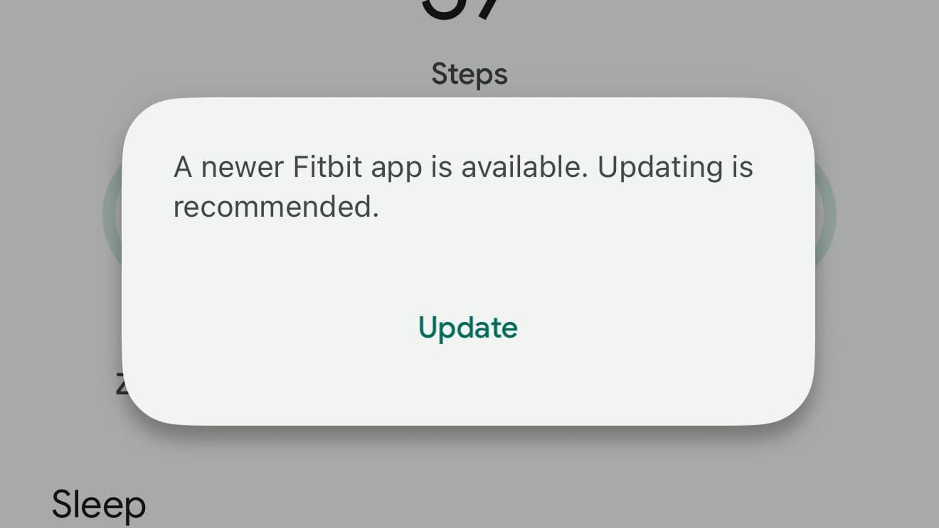 An update message in the Fitbit app.