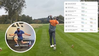 Baz Plummer in the finish position after hitting a tee shot during his winter golf rebuild, with inset images of his winter rebuild data evidencing significant progress (up to 106%) and his fitness work in the gym