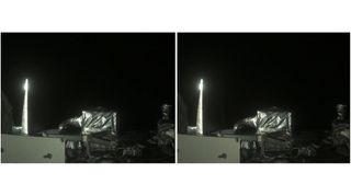 side-by-side identical images, showing a closeup look at a shiny silver spacecraft in space