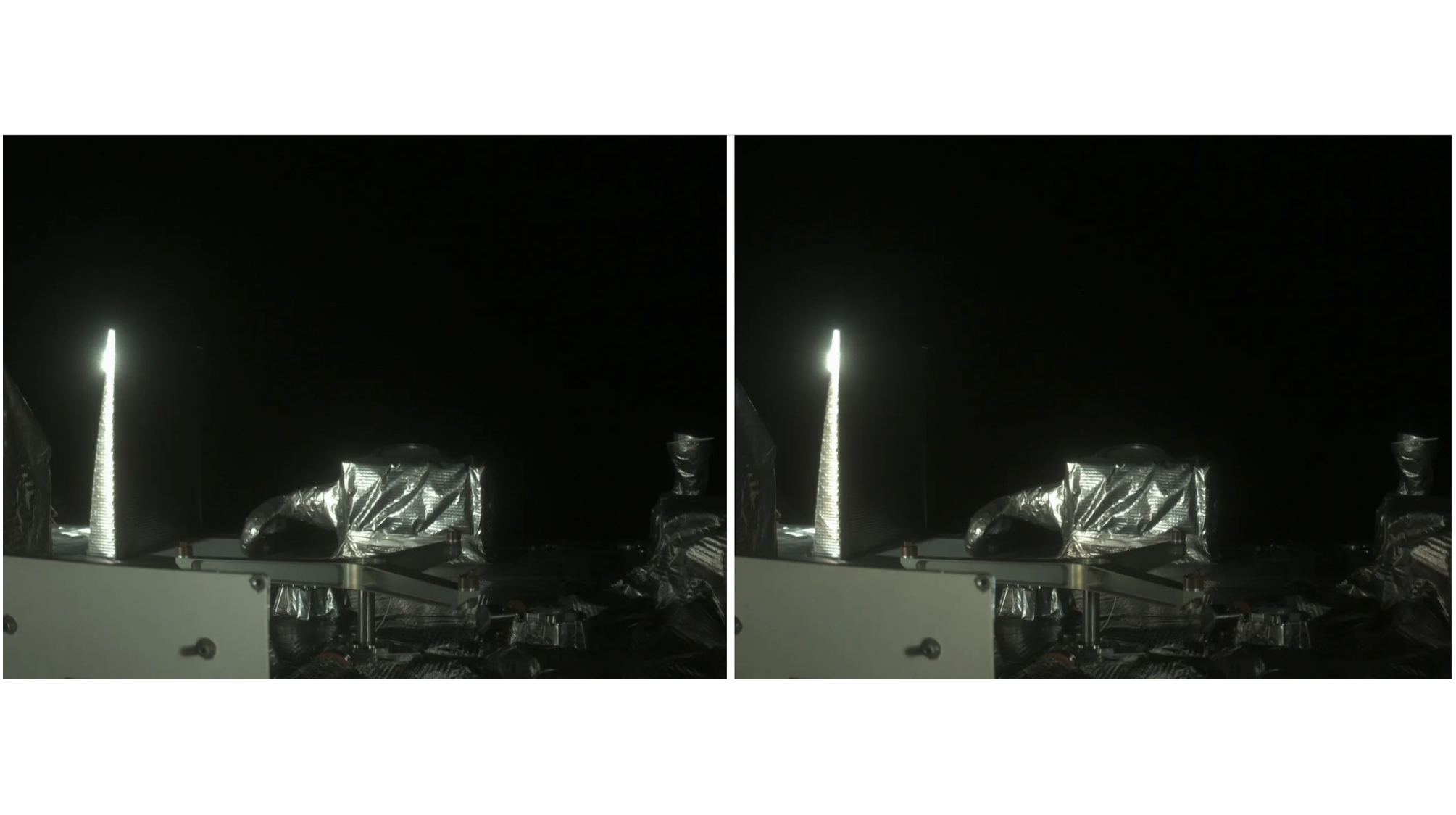 Identical side-by-side images show a close-up view of a shiny silver spacecraft in space.