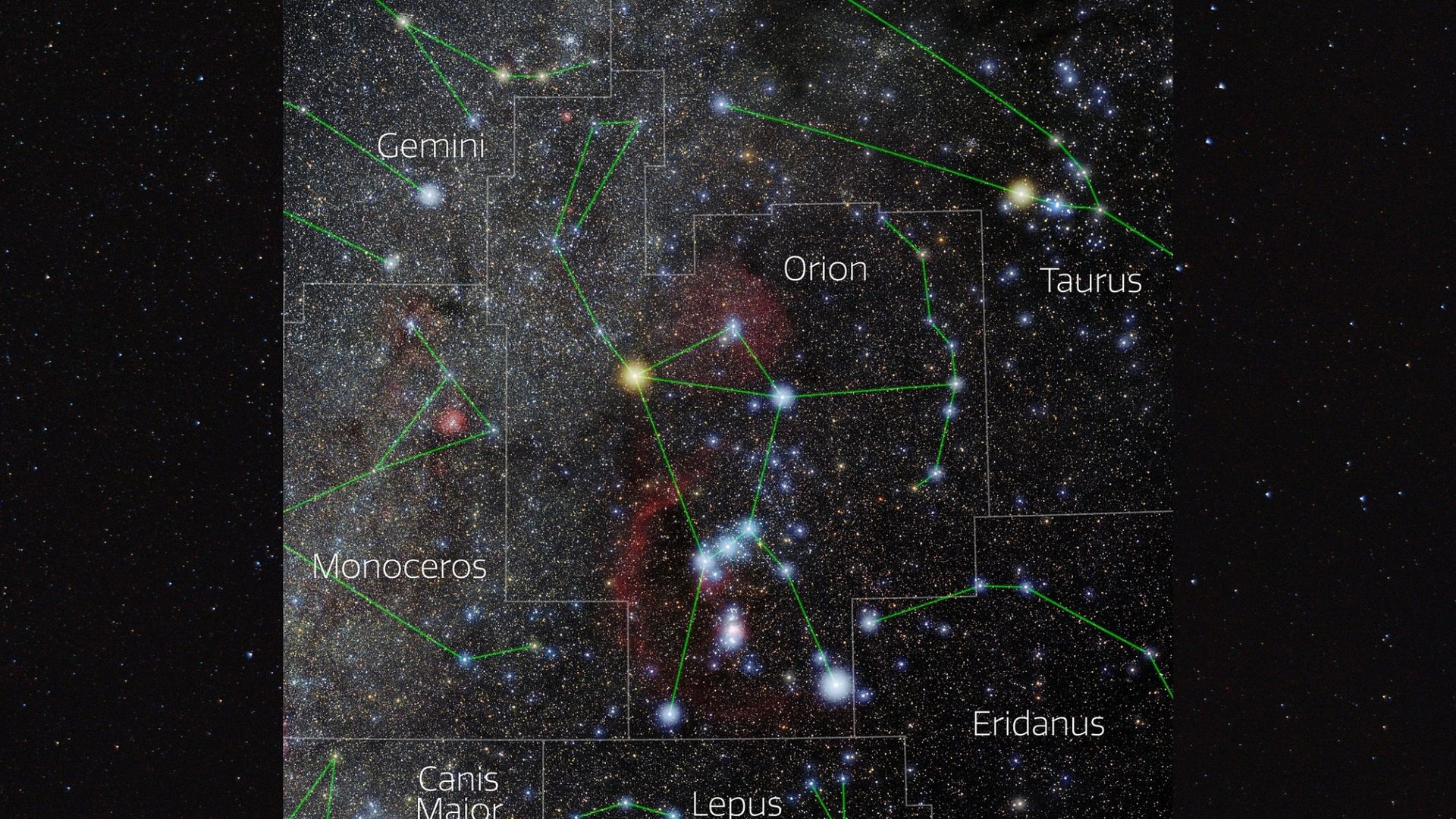 night sky map showing the constellation Orion in the night sky.