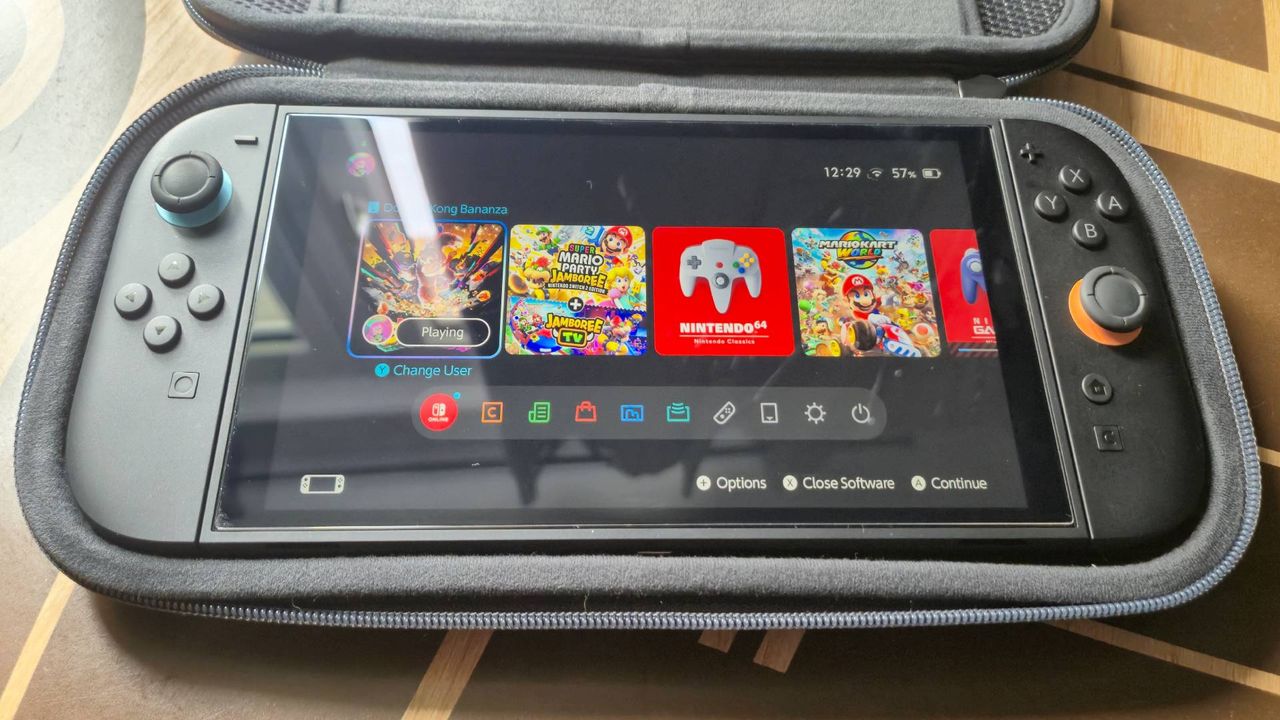 Photo of a Nintendo Switch 2 sitting in the Belkin Carrying Case.