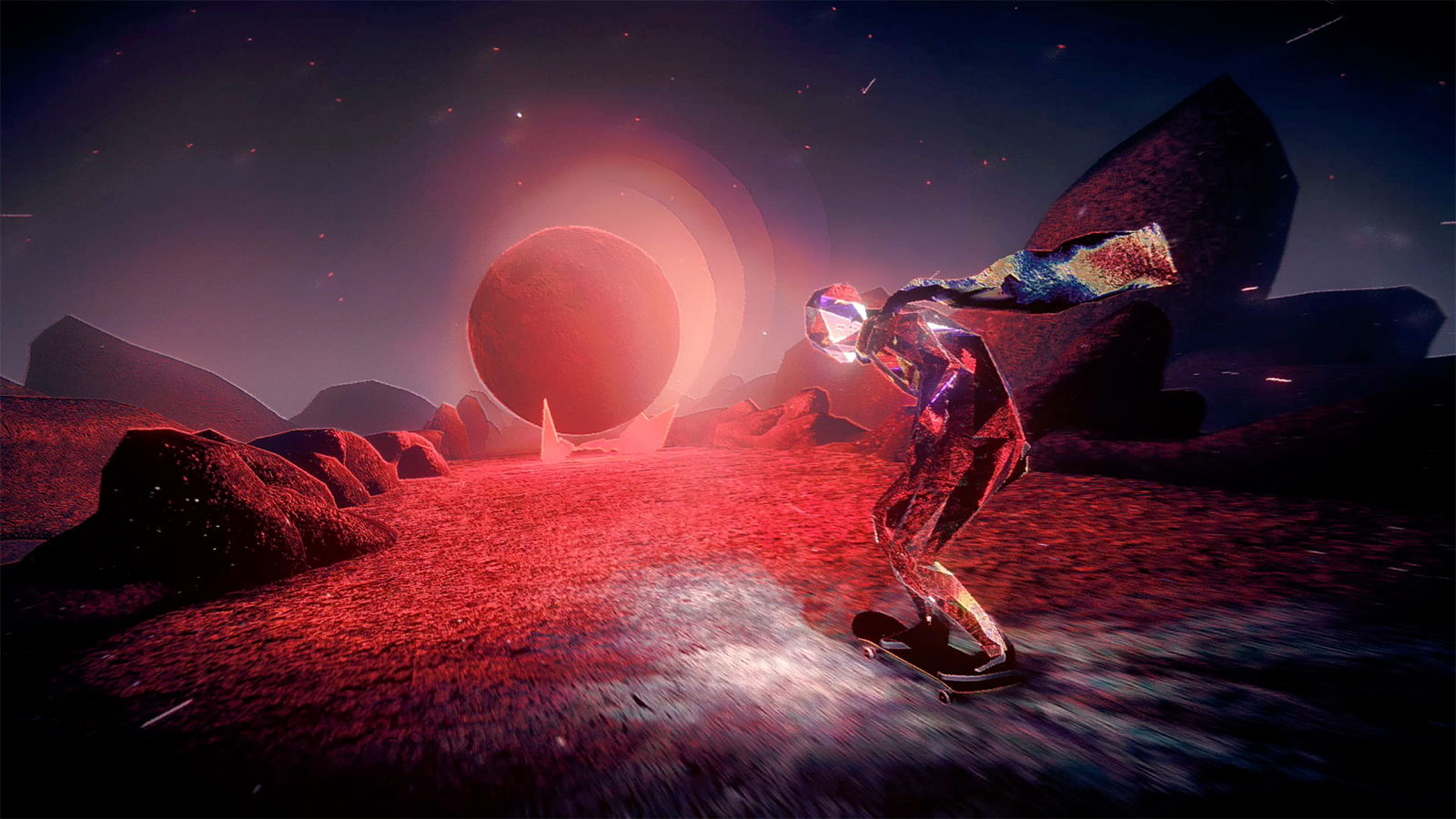 A stylised shiny demon skateboards across hell in an indie game for Nintendo Switch 2