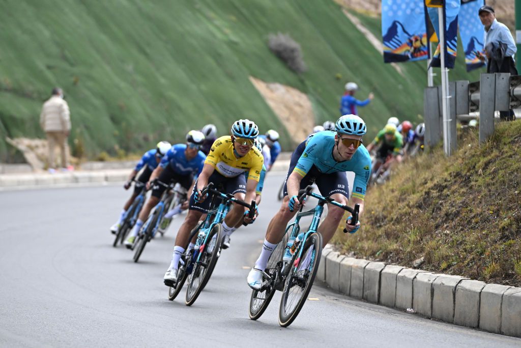 TUNJA COLOMBIA FEBRUARY 08 LR Harold Tejada of Colombia Yellow Leader Jersey and Cees Bol of The Netherlands and Astana Qazaqstan Team compete during the 4th Tour Colombia 2024 Stage 3 a 1419km stage from Tunja to Tunja on February 08 2024 in Tunja Colombia Photo by Maximiliano BlancoGetty Images