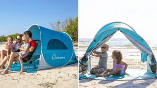 Wolfwise 3-4 Person Pop Up Beach Tent on a beach, two photos