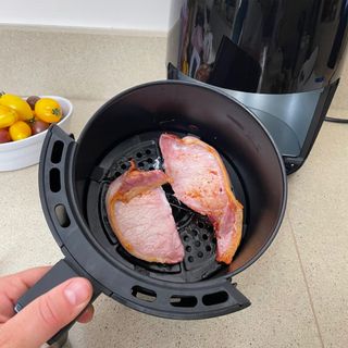 Image of Lakeland air fryer during testing to cook bacon