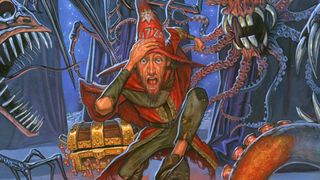 Rincewind, a wizard with a red hat and robes, runs away from monsters with a terrified look on his face