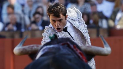 Matador Rafael Serna faces off against a bull during the April Fair at La Maestranza bullring in Seville, Spain