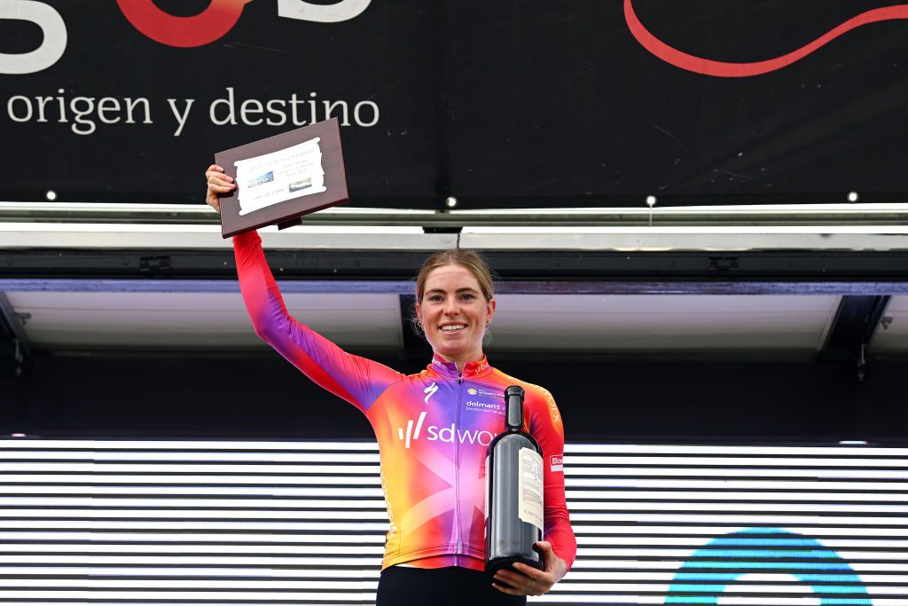 LAGUNAS DE NEILA SPAIN MAY 21 Demi Vollering of The Netherlands and Team SD Worx celebrates at podium as stage winner during the 8th Vuelta a Burgos Feminas 2023 Stage 4 a 1215km stage from Tordmar to Lagunas de Neila 1867m UCIWWT on May 21 2023 in Lagunas de Neila Spain Photo by Dario BelingheriGetty Images