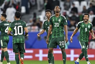 Saudi Arabia players celebrate a goal against South Korea at the 2023 Asian Cup.