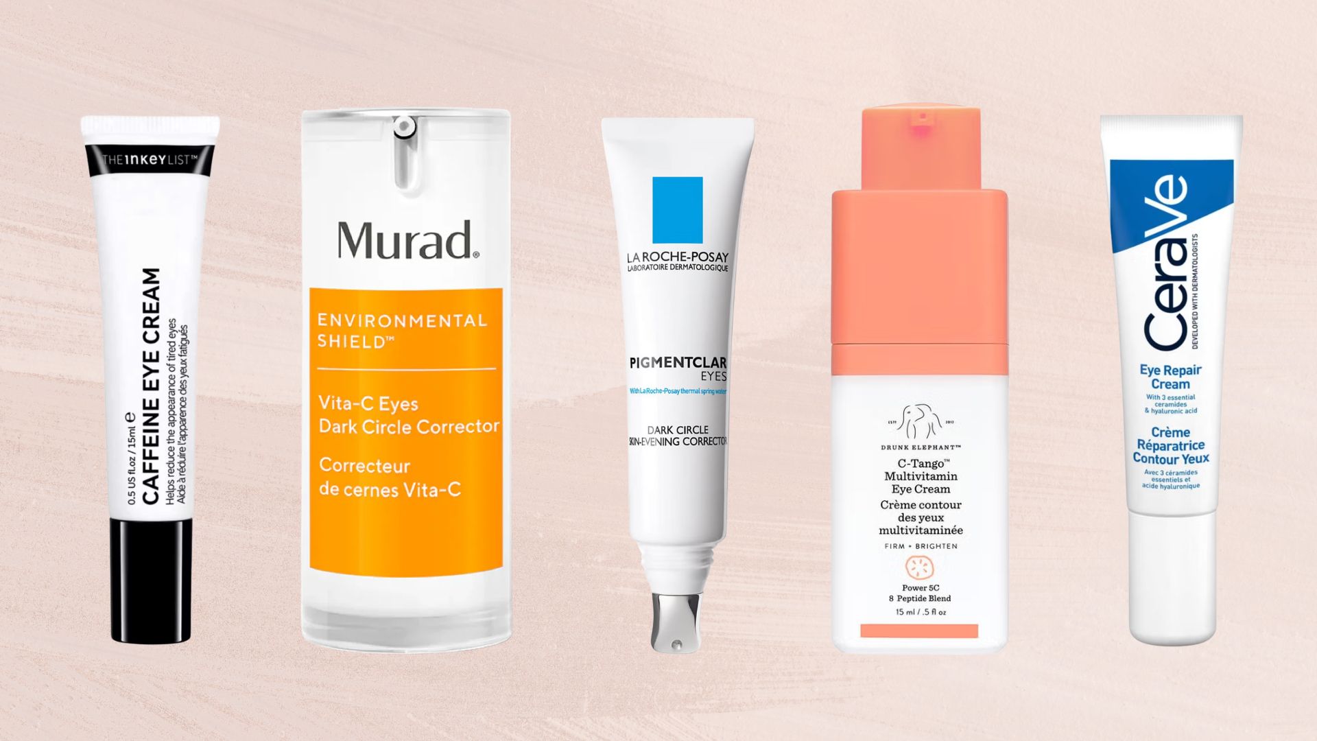 A selection of eye cream tubes and jars including caffeine eye cream, vitamin C formulas, and CeraVe eye repair, shown against a white background