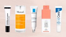 Collage of five of the best eye creams for dark circles featured in this guide from (left to right) The INKEY List, Murad, La Roche-Posay, Drunk Elephant and Cerave, set against a dusky pink watercolour background