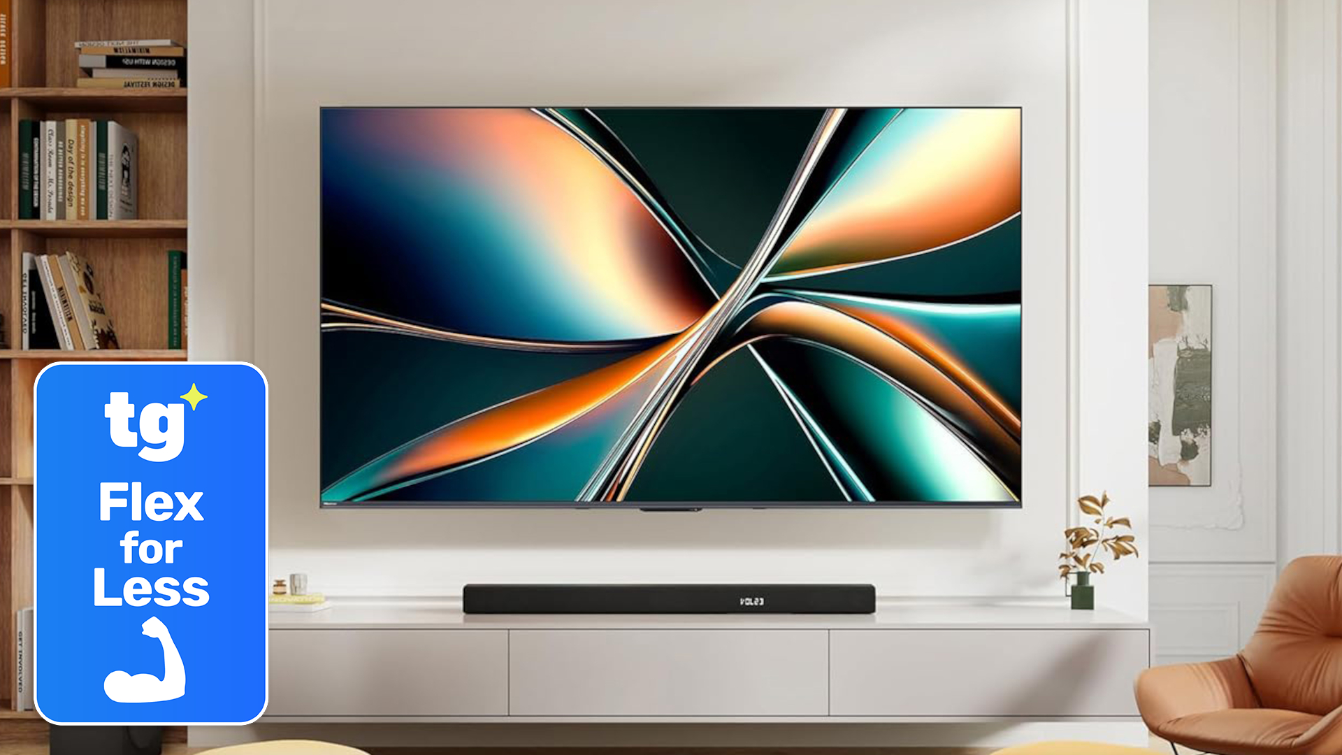 The Hisense U65QF Mini-LED TV, wall-mounted in a modern living room setting alongside a super-imposed, blue-colored badge that reads: "TG Flex for Less"