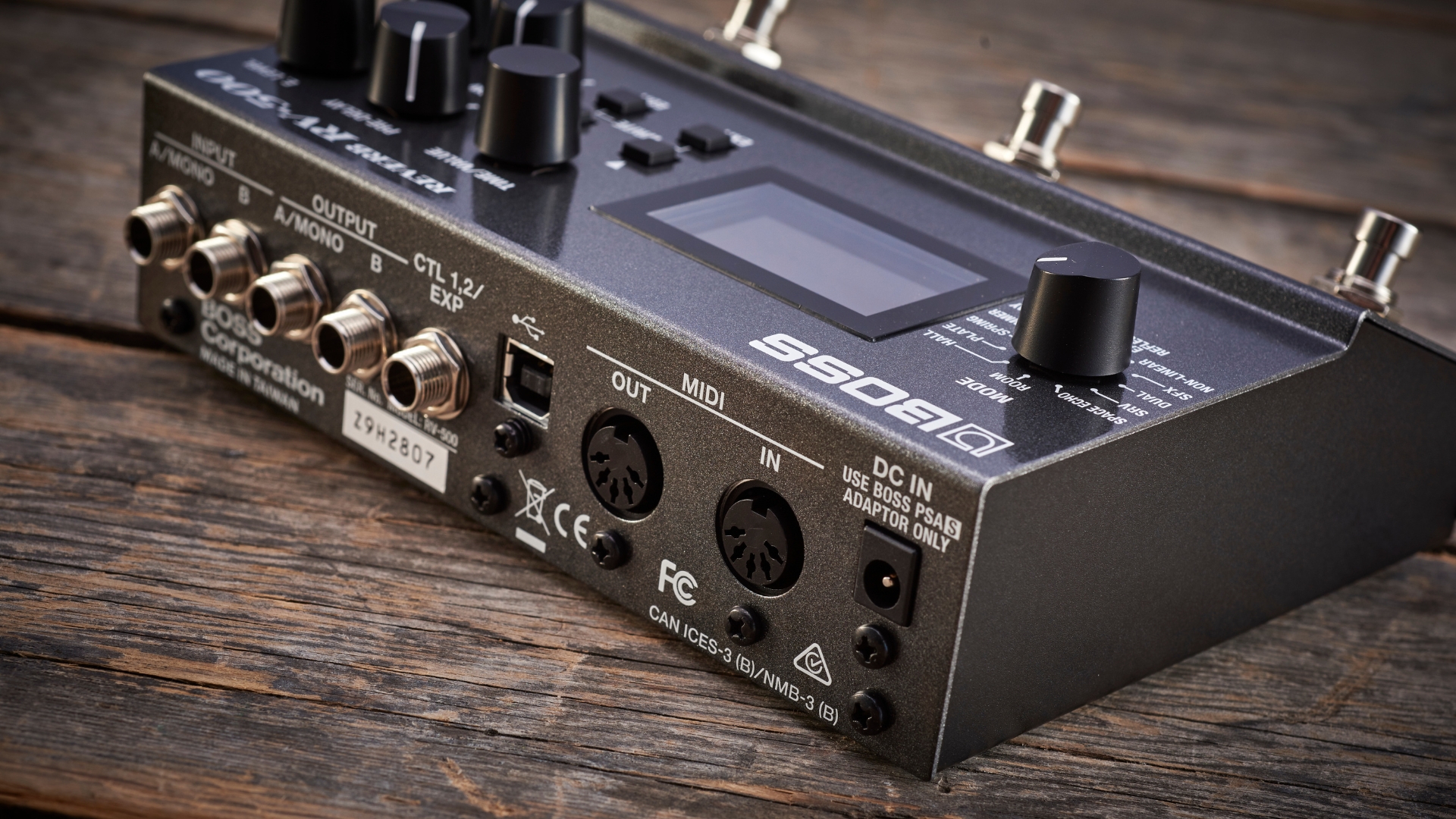 The connectivity panel of a Boss RV-500 reverb pedal