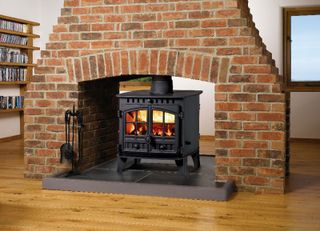 A double sided brick fireplace