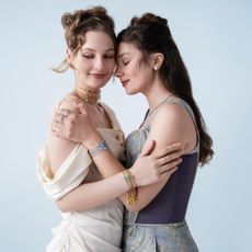 Bridgerton actresses Hannah Dodd and Claudia Jessie wearing jewelry from the Pandora x 'Bridgerton' collection.