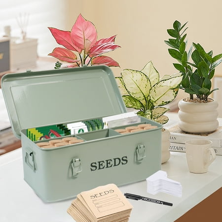 Pethiy Metal Seed Storage Box With Safety Lock, 4-Section Organizer With 20 Plant Labels &amp;amp; 30 Seed Envelopes, Gardening Gift Set - Green