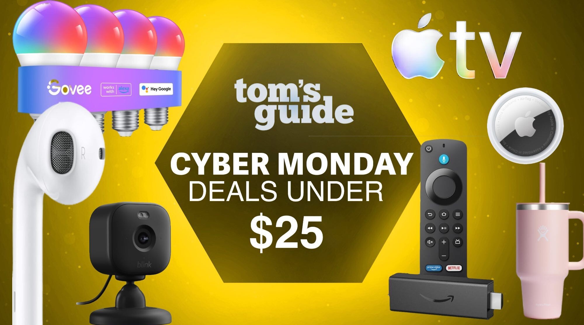 A collage of products on a colored background with the Tom&#039;s Guide logo