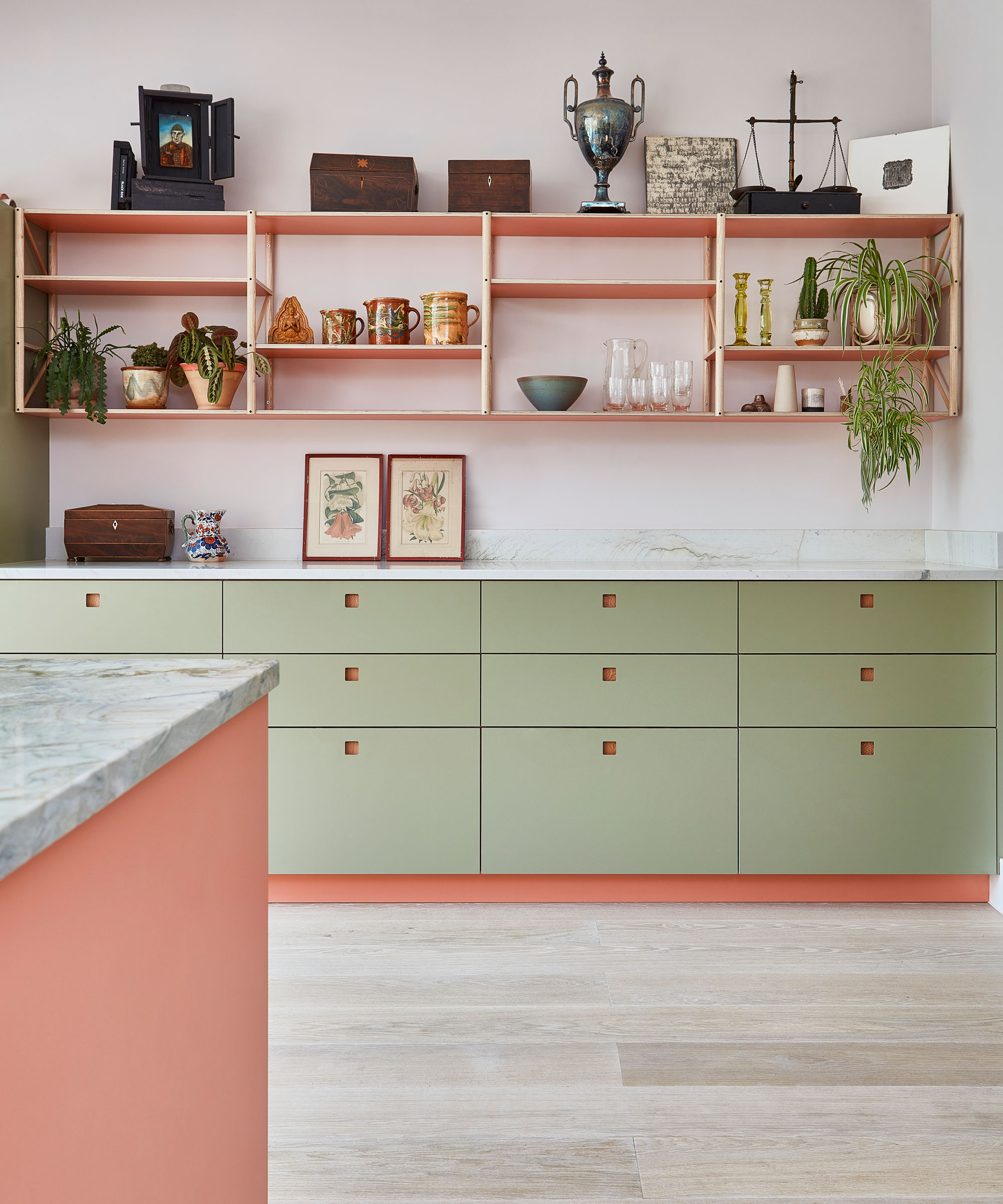 modern pink and green kitchen with deep kitchen drawers and open shelving